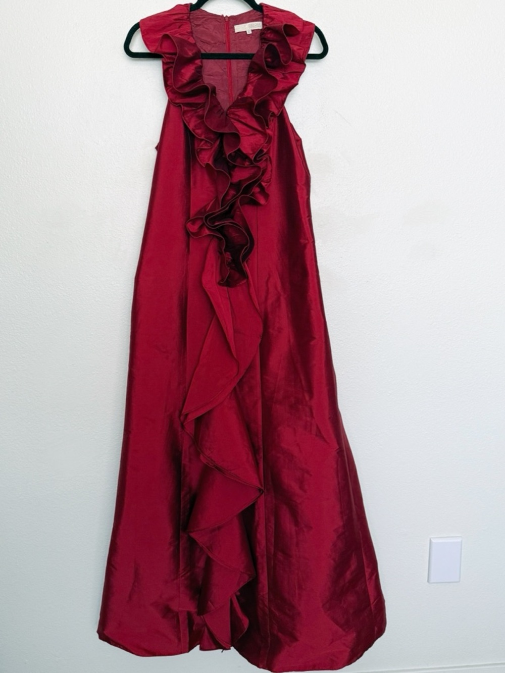 Red Taffeta Cascading Ruffle Maxi Gown Wedding Guest Formal Dress M - Picture 3 of 10